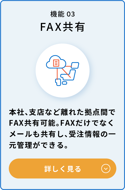 FAX共有機能：本社、支店など離れた拠点間でFAX共有可能。FAXだけでなくメールも共有し、受注情報の一元管理ができる。